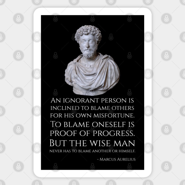 An ignorant person is inclined to blame others for his own misfortune. To blame oneself is proof of progress. But the wise man never has to blame another or himself. - Marcus Aurelius Magnet by Styr Designs